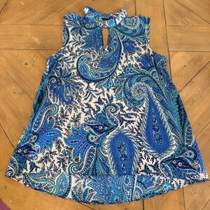 Alice and Trixie Blue Paisley Sleeveless Shoulder Peek Blouse 100% Silk Small